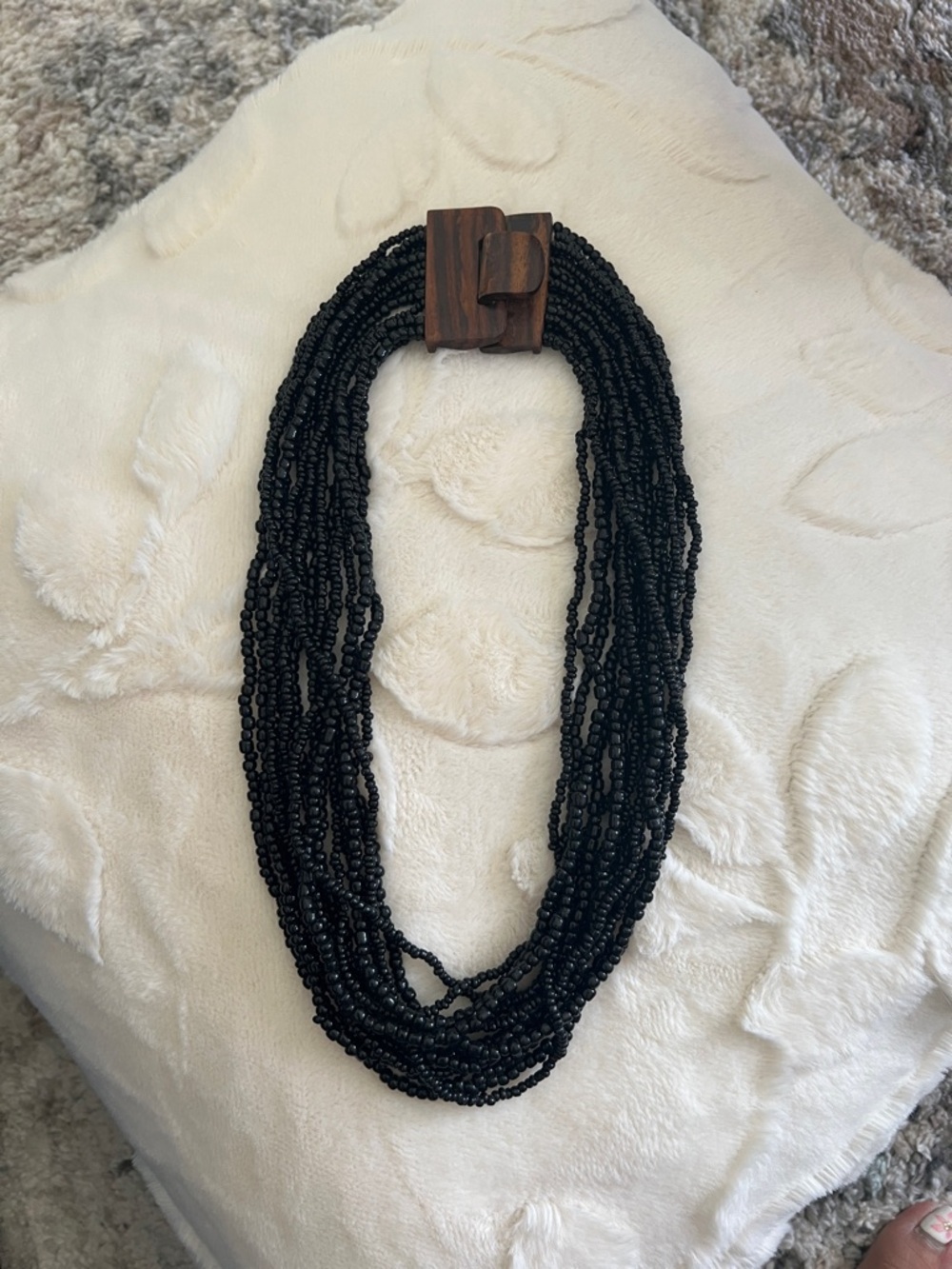 Hand Crafted Multi-Strand Black Beaded Necklace with Wooden Clasp